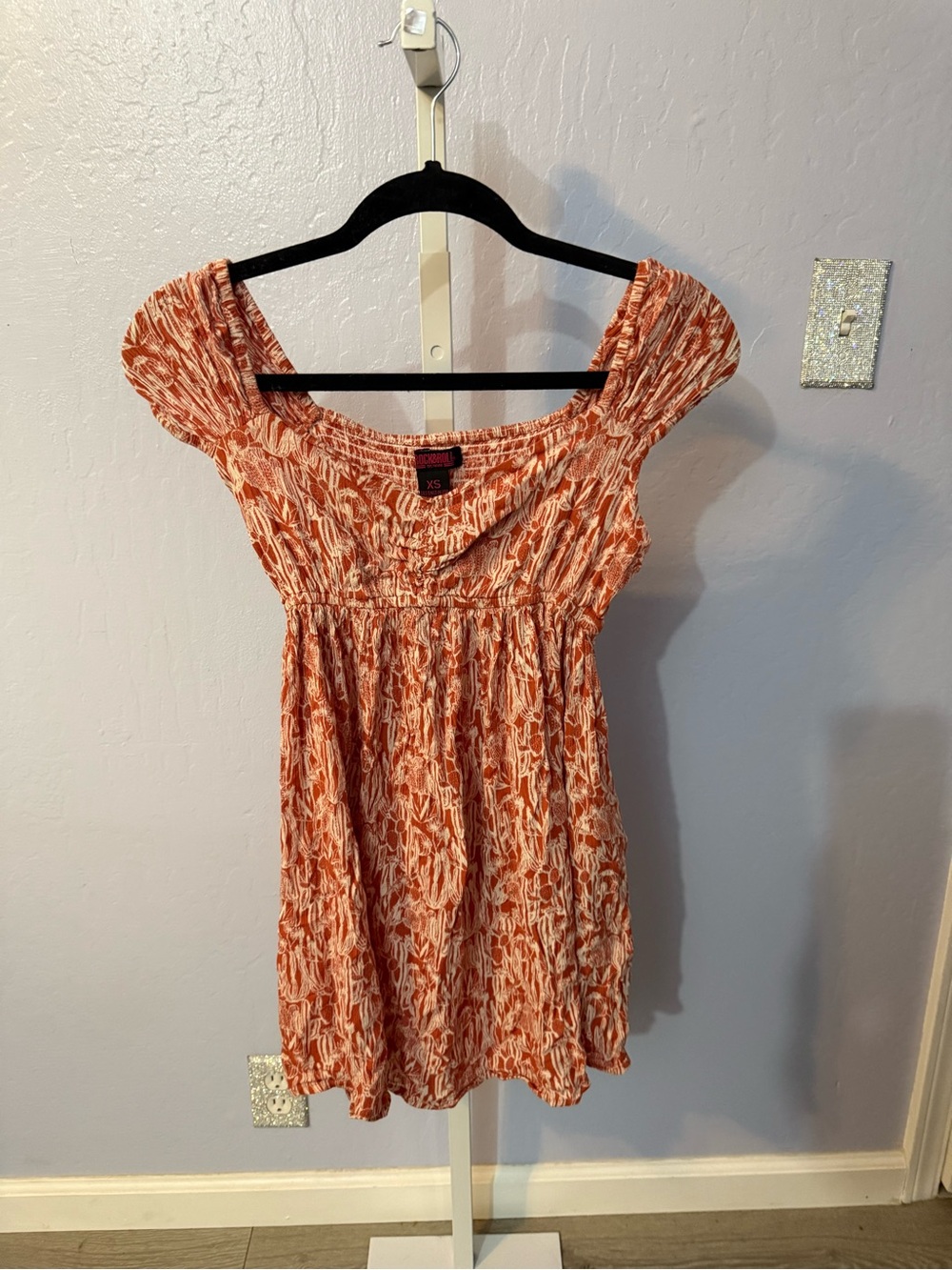 Smocked Short-Sleeve Tunic Dress in Terracotta Floral